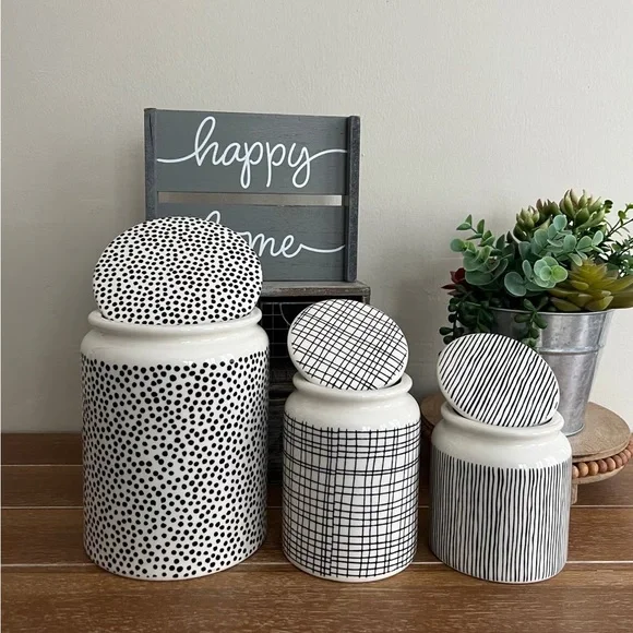 New Thyme & Table 3-Piece Boho Geo Stoneware Canister Set Dots & Gridlines